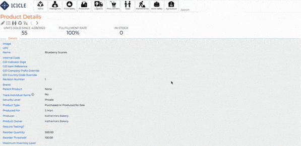 Animated GIF showing Icicle's Nutritional Facts Panel on the production runs interface