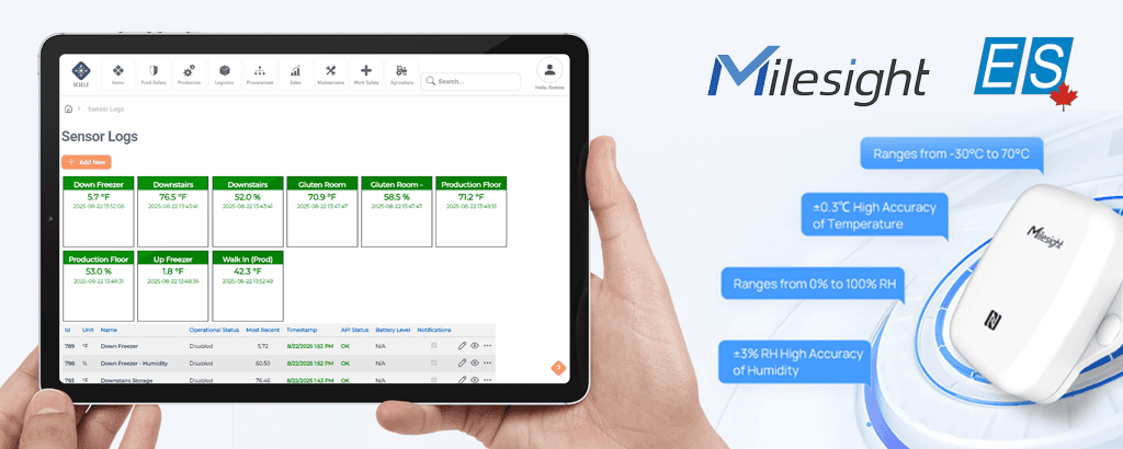 IoT Sensors for Food Safety Integrated with Icicle ERP Eliminated Daily Temperature Headaches for The BE-Hive Tablet showing Icicle ERP's sensor logs page and displaying temperature and humidity measurements for a company. Next to the tablet is a picture of a sensor from ES Canada