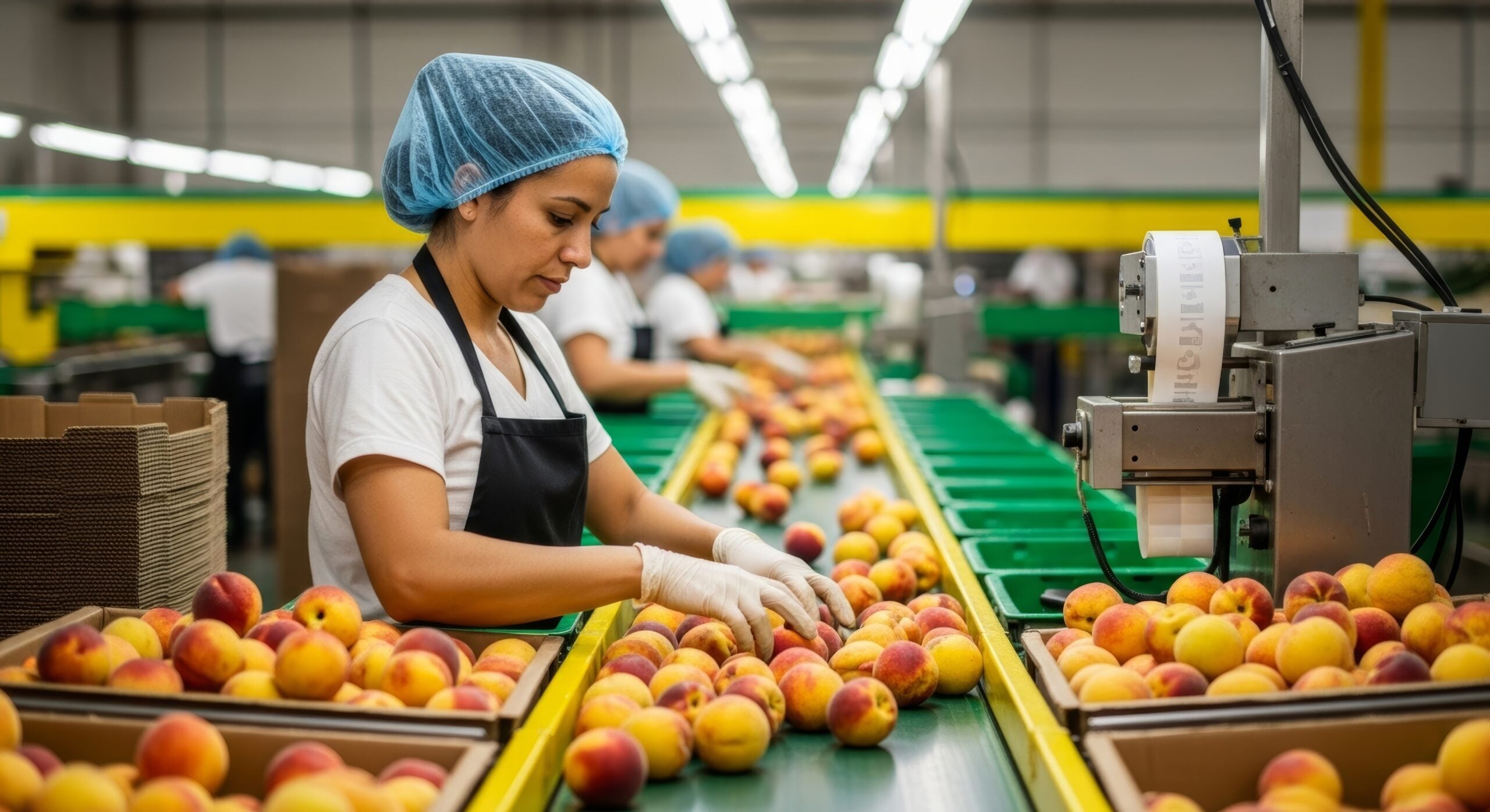 Woman worker sorting fresh peaches on industrial conveyor belt in food processing plant. Automated fruit packing line in agriculture facility. Quality control and freshness concept.