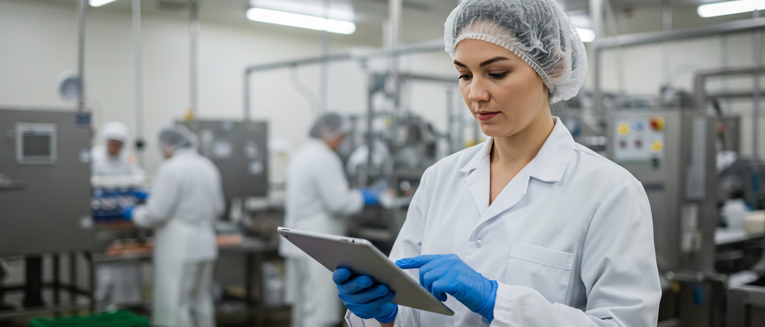 Female Food Processing Factory Worker Using Tablet Computer for Quality Control and Inventory Management